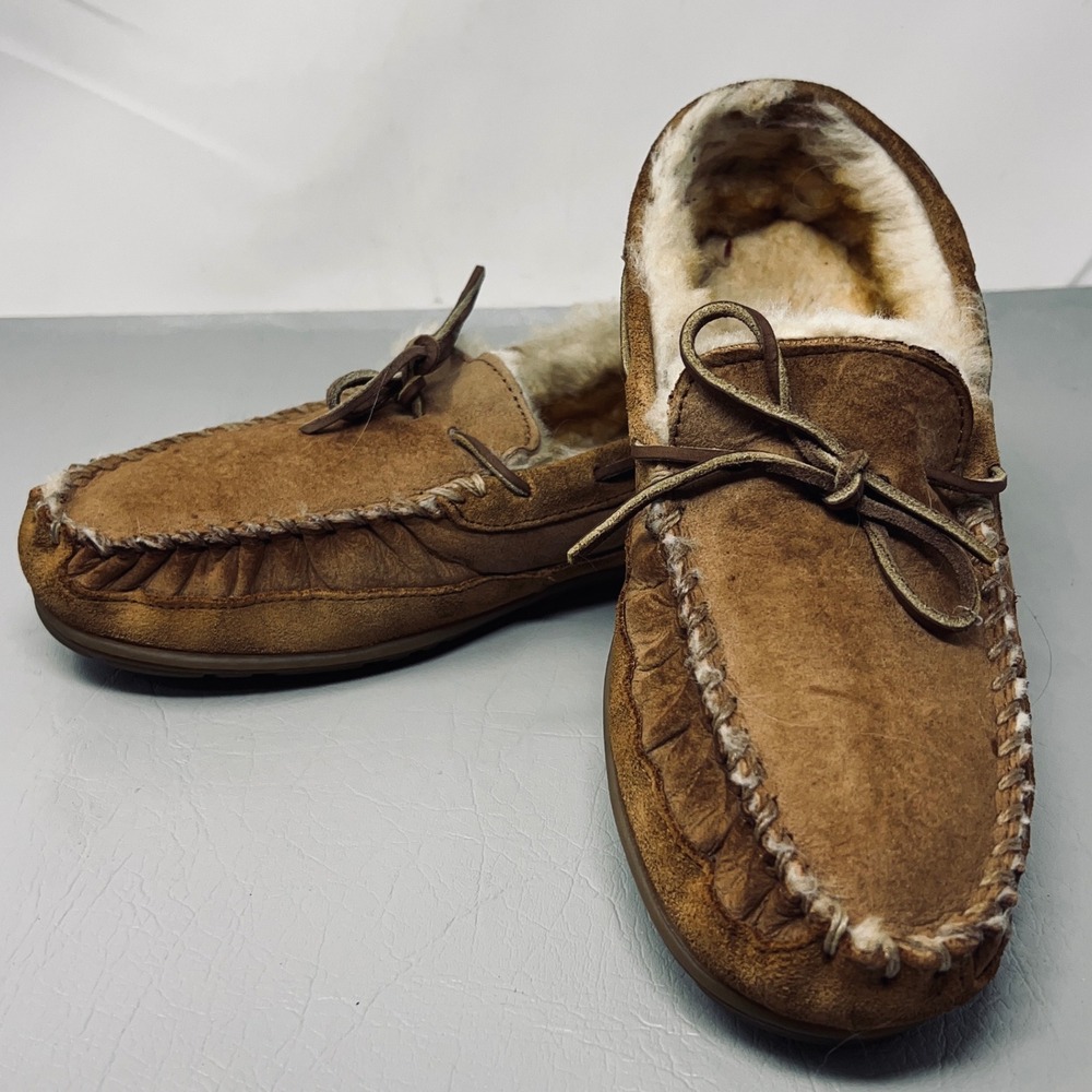 LL Bean Mens Wicked Good Moccasins 10 Tan Suede Shearling Slipper Cozy Comfort